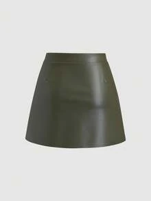 Sweetra 优雅复古高腰褶皱巴西PU皮革侧开衩A字迷你裙，Y2K风格女装 - 橄欖綠 - 查看 2