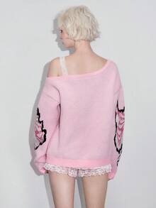 ROMWE Avant Áo len dệt kim jacquard họa tiết xương sườn Y2K cổ chéo phối ren 2 trong 1 dành cho nữ - Hồng - Xem 3