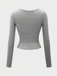 Almamuse Casual Solid Color Knit U-Neck Long Sleeve T-Shirt - Light Grey - View 8