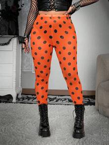 Whyspr Grunge Punk Plus Size Polka Dot Mesh Sheer Elastic Halloween Leggings - Orange - View 1