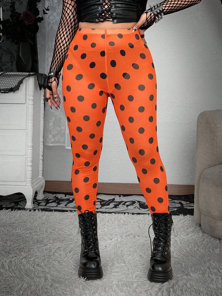 Whyspr Grunge Punk Plus Size Polka Dot Mesh Sheer Elastic Halloween Leggings - Orange - View 1