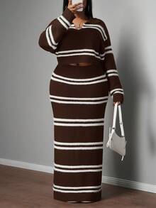 Slaydiva Bộ 2 món áo crop top tay dài cổ chữ V trễ vai ấm áp kèm chân váy chữ A cạp chun co giãn, thời trang thu đông 2025 cho nữ, phong cách đại học/công sở thường ngày/phong cách phương Tây/công sở/thời trang câu lạc bộ đường phố/kỳ nghỉ thành phố/ngày tốt nghiệp/thanh lịch tinh tế/tiệc tùng/ngày quốc khánh - màu nâu - Xem 1