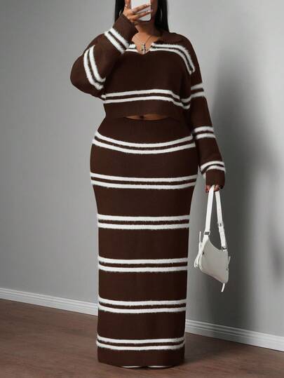 Slaydiva 2025 New Autumn/Winter Women's Plus Size College Style/Business Casual Outfit/Western Wear/Office Attire/Street Club Fashion/City Vacation/Graduation Date/Refined Elegant/Party/Independence Day/Casual Basic Stylish/Outdoor Social Wear, Warm V-Neck Drop Shoulder Long Sleeve Cropped Top With Elastic Waist A-Line Skirt 2 Pieces Set