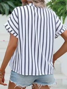 EMERY ROSE Plus Size Striped Notched Neck Batwing Sleeve Blouse, Summer - Multicolor - View 2