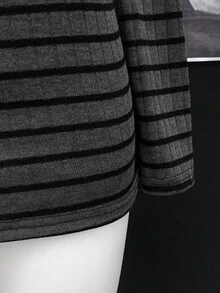 Sunspun 大码女式性感条纹露肩斜领长袖休闲条纹面料高弹舒适街头短款灰色连衣裙，长款休闲连衣裙 - 深灰色 - 查看 5