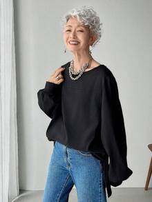 FRIFUL Women's Solid Khaki Round Neck Long Sleeve Patchwork Side Slit Hem Loose Casual Versatile T-Shirt, Autumn Wear - Black - View 4