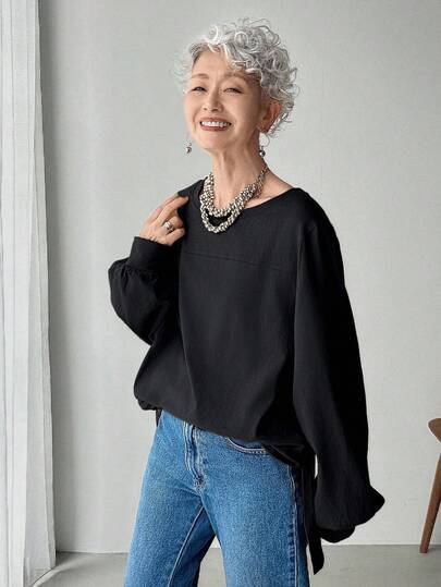 FRIFUL 女式纯色卡其色圆领长袖拼布侧开衩下摆宽松休闲百搭 T 恤，秋季穿着