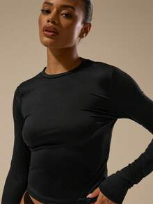 MUSERA ESSENTIALS Buttery Soft Fitted Long Sleeve Crewneck Top Basic Casual Essential Spring Summer - Black - View 2