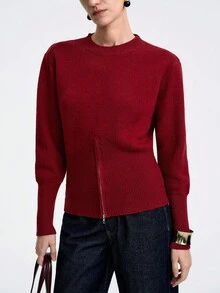 SHEIN LUNE كنزة صوفية نسائية أنيقة عالية الجودة ذات تصميم بسيط وعملي، بأكمام طويلة وسحاب أمامي، مناسبة للخريف والشتاء - عنابي اللون - مشاهدة 5
