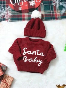 SHEIN 2 pièces Ensemble de tenues de Noël tricotées pour bébé nouveau-né avec chapeau à pompon "Bébé Noël" brodé. Accessoires de photographie pour nouveau-né, tenues pour la rentrée à la maison du bébé