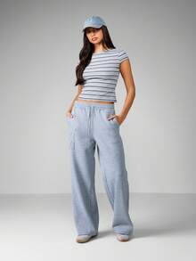 MISSGUIDED 宽腿慢跑运动裤家居服高腰休闲舒适法式毛圈布标志压花抽绳松紧腰宽松冬秋季裤子 - 灰色 - 查看 4