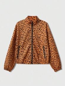 ROMWE MEN Street Life Chaqueta con cuello alto con estampado de leopardo para hombre, adecuada para otoño/invierno - Marrón - Ver 7