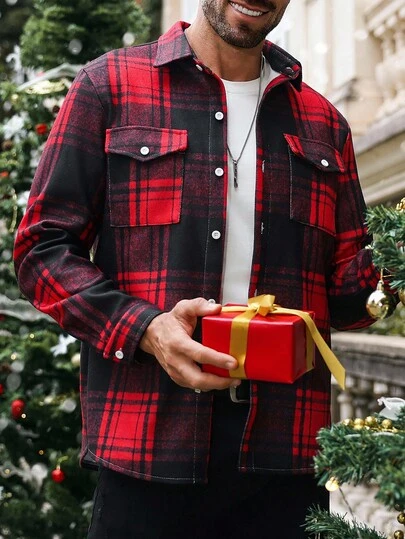 Manfinity CasualCool Men's Button Front Long Sleeve Plaid Jacket, Casual Daily Wear,Fall Men Clothes,Winter Men Jacket,Warm Jacket,Plaid Shirt Flannel Shirts For Men Flannels For Men Plaid Flannel Men Shacket Plaid Jacket Men,Christmas Costumes