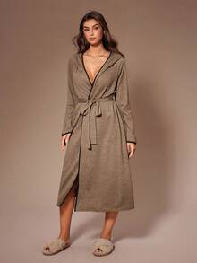 Lazeform Mjuk stickad kontrastfärgad avslappnad morgonrock med huva, mysig, höst och vinter