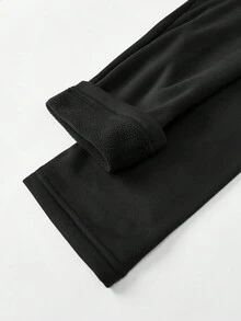 SHEIN Leggings deportivos casuales negros elásticos con forro térmico para adolescentes y niñas, leggings deportivos de unicolor, mallas para correr, ropa de invierno cálida, leggings de yoga con cintura en V, leggings con forro térmico, leggings negros - Negro - Ver 5