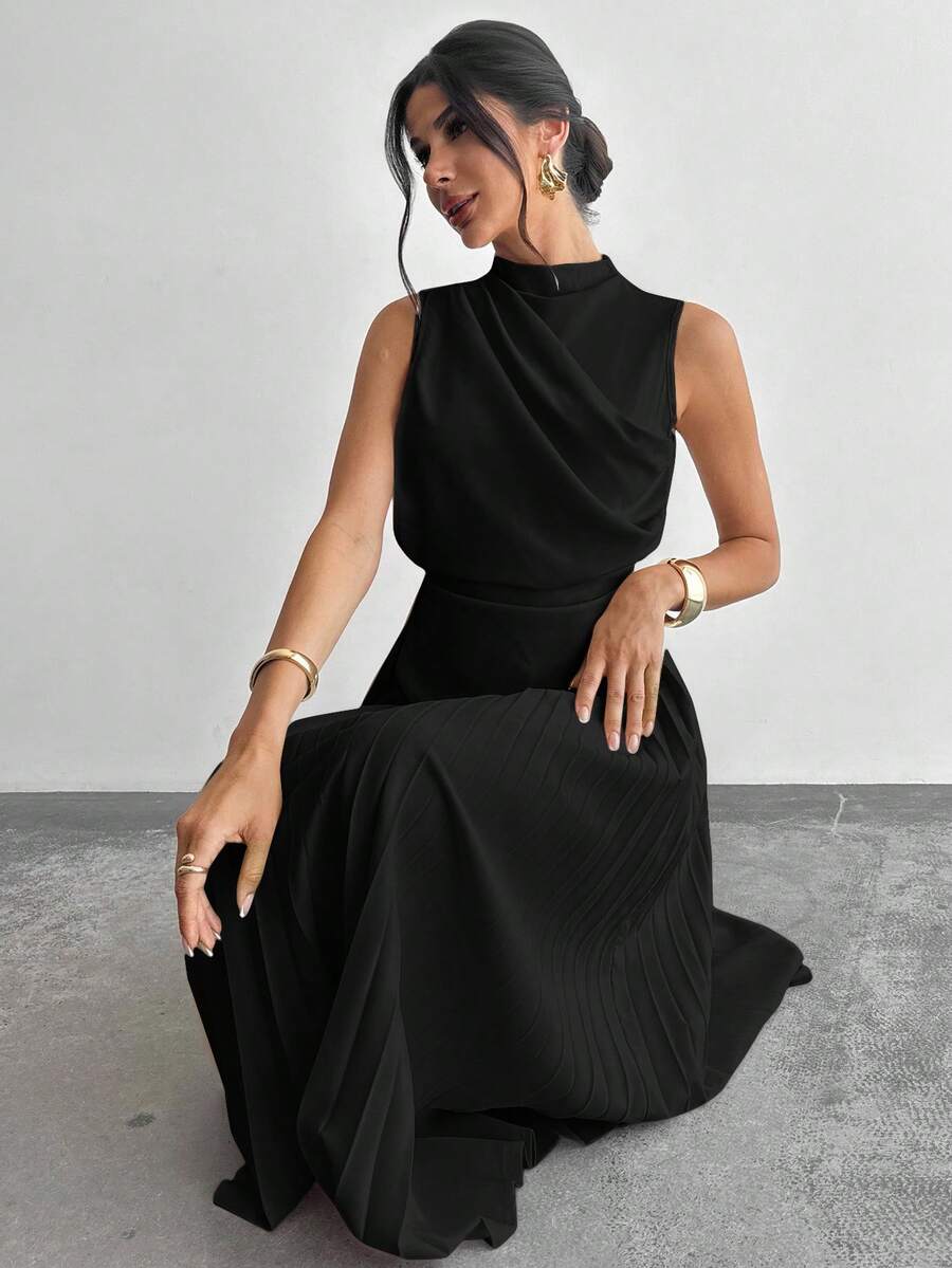 Firerie 女士优雅荷叶边无袖摆领 A 字裙/伞裙/返校/校服/派对/复古风女装/外出装/女士派对装/女士办公室装/仿杏色裙 - 黑色 - 查看 1