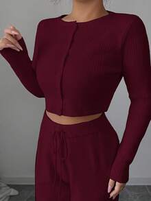 Modelyn Bộ 2 món áo dài tay và quần dài màu trơn thanh lịch dành cho nữ - Màu Đỏ Sâu - Xem 3