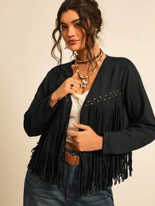 Freevana Plus Size Solid Color Drop Shoulder Long Sleeve Fringe & Rivet Decor Jacket/Winter - Black - View 5