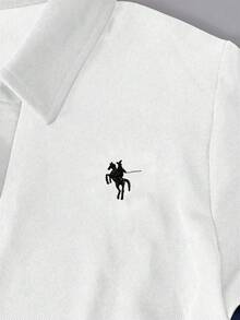 女式简约刺绣 Polo 领长袖 T 恤 - 白色 - 查看 3