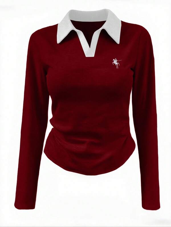 Rina Fox Women's Contrast Color Long Sleeve Ruched Casual Half-Zip Versatile T-Shirt, Christmas