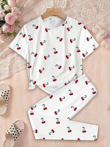 SHEIN Tween 女童休闲可爱复古樱桃印花贴身短袖圆领 T 恤和紧身裤家居服套装，Gal 风格，日式甜美，JP 少女时尚 - 彩色 - 查看 3