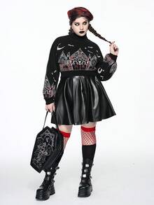 ROMWE Gothic Christmas Castle & Cross Pattern Plus Size Women Turtleneck Contrast Color Pullover Sweater - Black - View 8