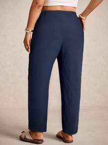 Elaquor Plus Size Casual Solid Color Tapered Pants - Navy Blue - View 2