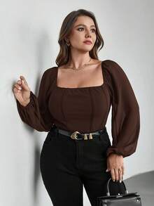 Firerie Modny, elegancki top damski w dużym rozmiarze z kwadratowym dekoltem i długim rękawem