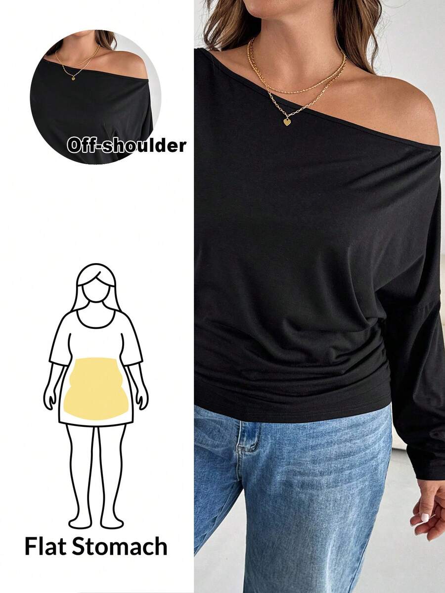 SHEIN Essnce Plus Size Women's And Fashion Casual Loose Comfortable Daily Basic Versatile Slim Shoulder Black Long-Sleeved T-Shirt,Simple Style Tops Spring - Black - View 1