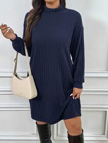 SHEIN Frenchy 大码女式纯色立领落肩休闲罗纹宽松连衣裙 - 藏蓝色 - 查看 1