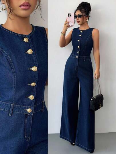 Siren Gaze 女式圆领单排扣口袋阔腿休闲无袖牛仔连体裤