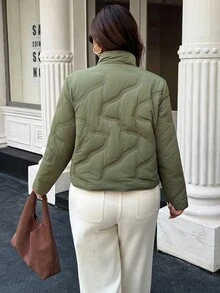 Easura Plus Size Women's Solid Color Long Sleeve Zipper Front Casual Winter Jacket Fall Autumn - Green - View 2