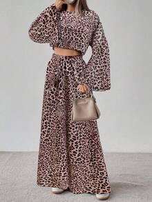EMERY ROSE 2pcs Women Casual Leopard Print Loose Flare Sleeve Top And Wide Leg Pants Set, Autumn - Pink - View 4