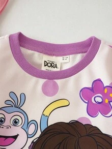 DORA | SHEIN Young Girl Cute Cartoon Figure Graphic Round Neck Drop Shoulder Long Sleeve Knit Sweatshirt - Pink - View 5