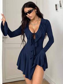 Coolane 女式夏季西部牛仔风 Y2K 弹力荷叶边 V 领系带前褶迷你优雅棕色连衣裙 - 藏蓝色 - 查看 3