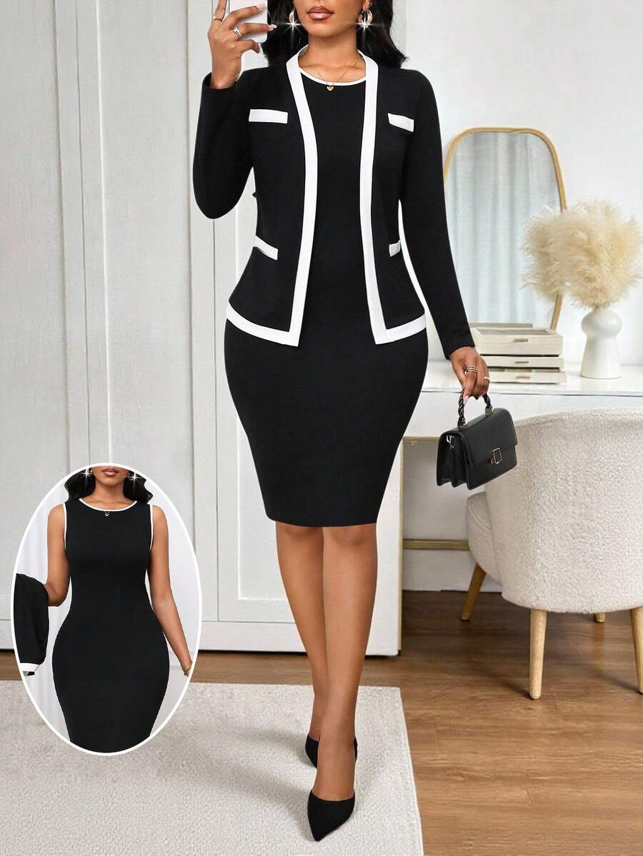 SHEIN Lady Women's Contrast Color Long Sleeve Top And Dress 2 Pieces Set - Black and White - View 1