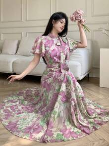 Modelyn 女式荷叶边领口系带泡泡袖喇叭下摆连衣裙 - 彩色 - 查看 3