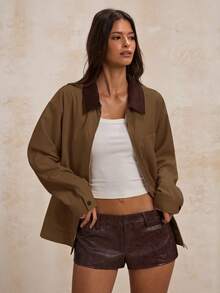 SHEIN BAE Chaqueta casual de manga larga con cremallera y bloques de color, ropa de otoño e invierno para mujeres