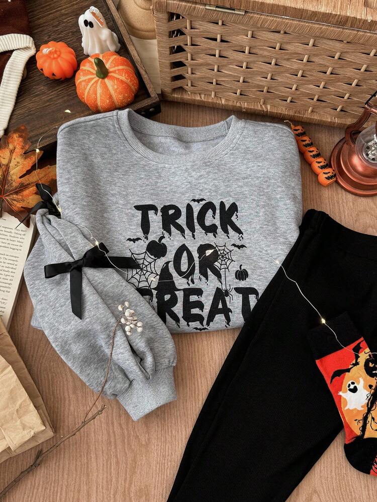 Halloween Tween Girls Crew Neck Knit Fleece Sweatshirt With Bow Decor + Leggings Set,Winter