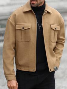 Manfinity CasualCool 男士纯色长袖拉链领口袋休闲外套，秋冬款 - 咖啡棕 - 查看 3