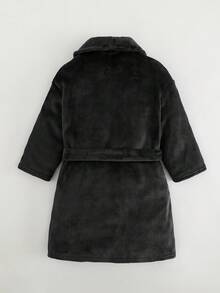 Cozy Pixies Young Boy Thermal-Lined Letter Print Hooded Long Sleeve Belted Robe, Suitable For Home, Bathroom, Beach And Other Occasions, Autumn/Winter - Black - View 2