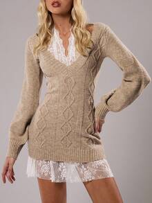 TRNVIE 1pc Women's Apricot Sweater Dress, Everyday Wear, 2 In 1, Lace & Cable Knit Pattern, Bodycon Waist - Apricot - View 5