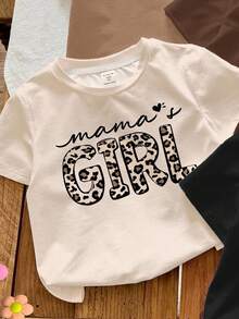 SHEIN 4 件年轻女孩休闲简约奶油白色复古豹纹心形字母“Mama's Girl”图案圆领短袖 T 恤，适合春夏季 - 彩色 - 查看 4