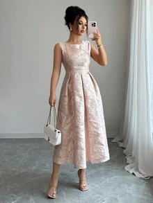 SHEIN PETITE Váy Jacquard không tay, định hình vòng eo, thanh lịch, thường ngày dành cho nữ, thích hợp cho các bữa tiệc và buổi tụ họp - Hồng - Xem 5