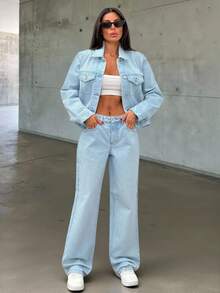 EURMUSE Single-Breasted Casual Denim Jacket And Jeans Set Denim Jacket And Jeans Set Women Blue 2 Piece Set Women Womens Light Blue Denim Set 2 Piece Denim Set Women Jean 2 Piece Set - Light Wash - View 2