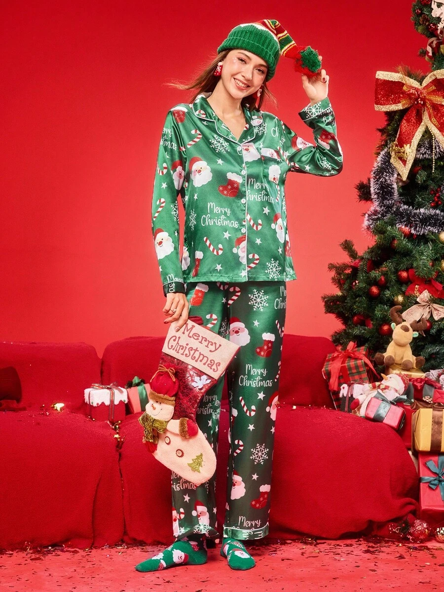 Notgurli 女士缎面数码印花睡衣套装，秋冬款，圣诞节礼物 - 彩色 - 查看 1