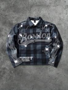 ROMWE MEN Street Life 男女皆宜的格子十字装饰街头风外套，秋冬款 - 黑色 - 查看 6