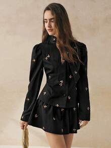 Cévolie 女装秋冬新款高端法式系带领泡泡袖衬衫高腰半身裙套装 - 黑色 - 查看 1