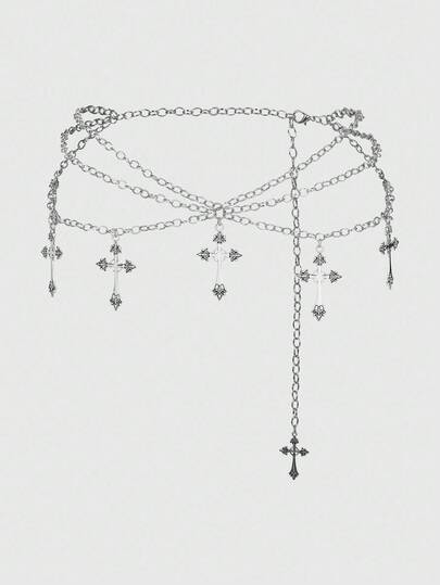 1pc Women Gothic Style Silver & Black Cross Layered Chain Waist Chain Dress Accessory, Versatile Daily, Halloween