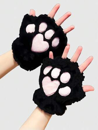 Kawaii 1 par de guantes sin dedos con diseño de pata de gato de peluche, aptos para uso diario